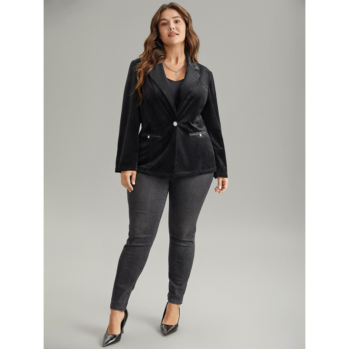 Plus Size Velvet Buckle Detail Pocket Suit Collar Blazer Black Women Dailywear Plain Plain Sleeve Long Sleeve Suit Collar 28/5X Pocket Elegant Blazers BloomChic Product Image