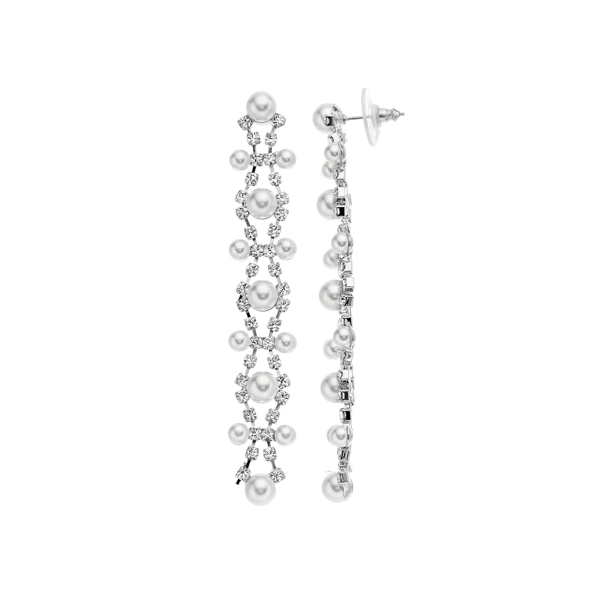 Vieste Silver Tone Linear Fashion Simulated Pearl Nickel Free Drop Earrings, Women's Product Image