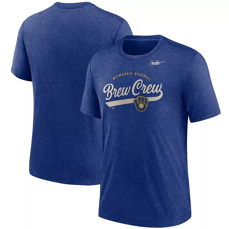 Men's Nike Heather Royal Milwaukee Brewers Cooperstown Nickname Tri-Blend T-Shirt, Size: Small, Blue Product Image