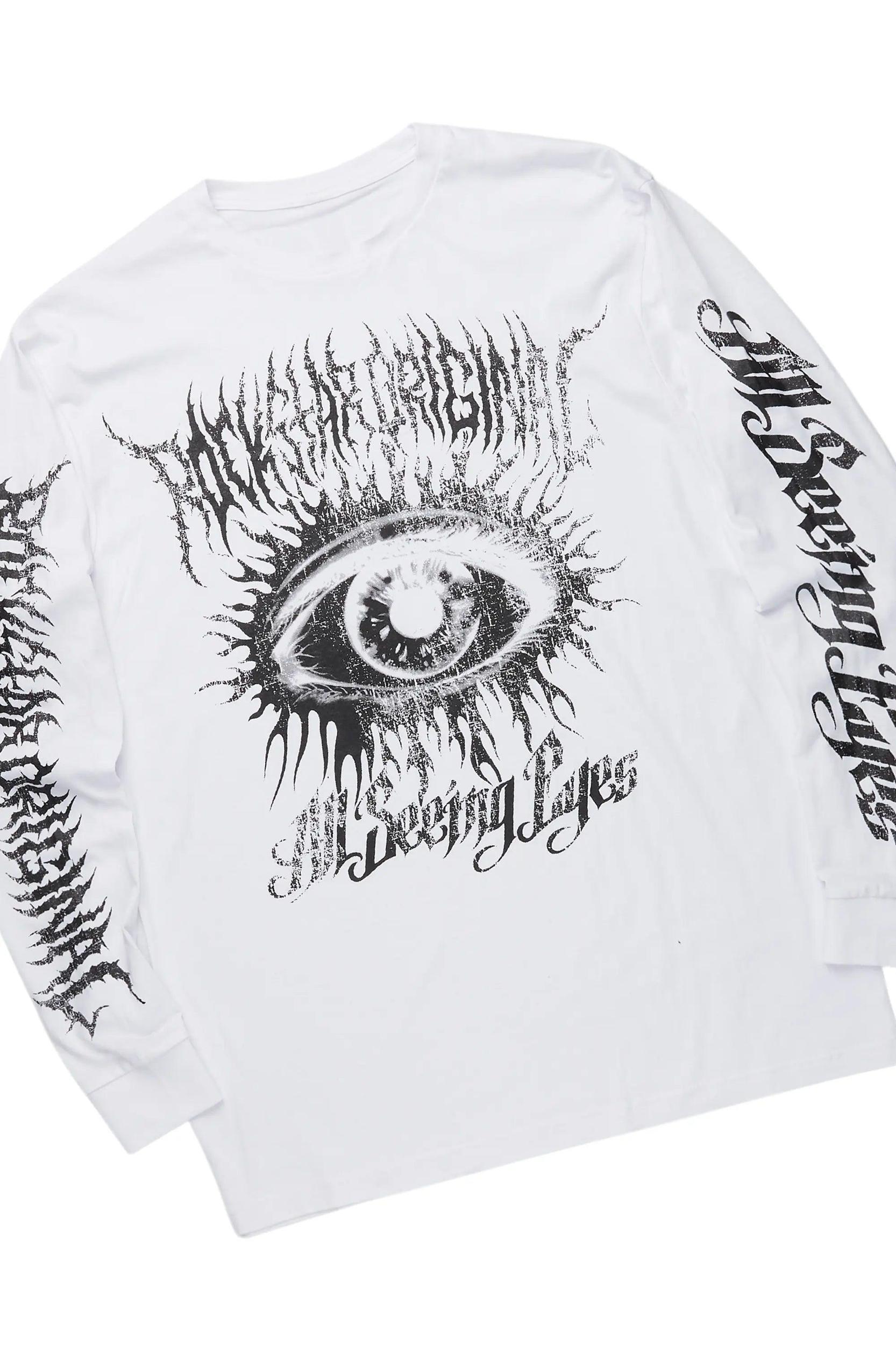 All Seeing Eyes White/Beige Long Sleeve T-Shirt/Baggy Pant Set Male Product Image