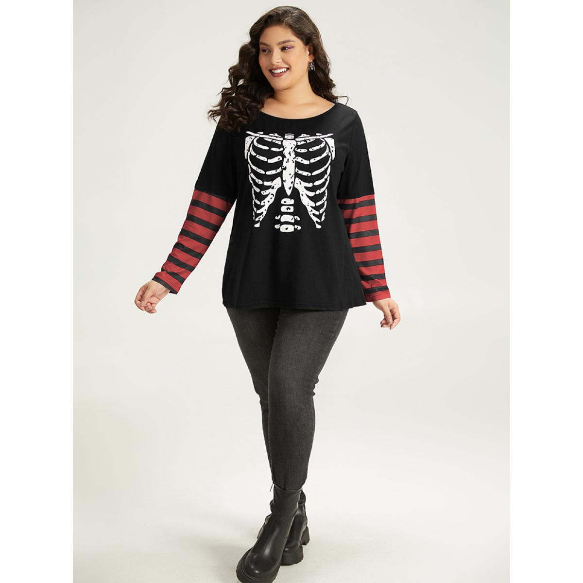 Plus Size Halloween Striped & Skull Print Patchwork T-shirt Red Women Casual Printed Halloween Festival-Halloween T-shirts BloomChic 14-16/1X Product Image