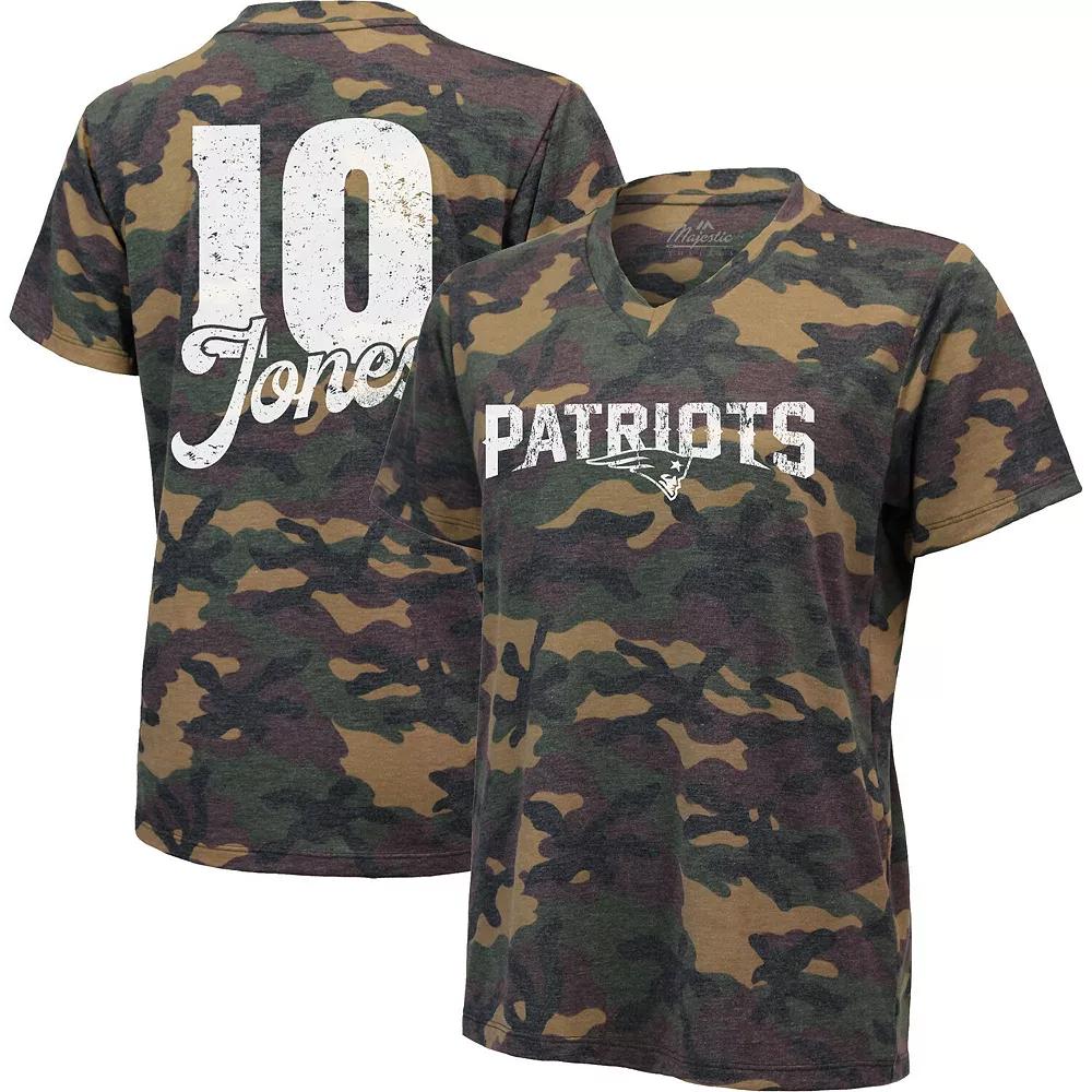Women's Majestic Threads Mac Jones Camo New England Patriots Name & Number V-Neck Tri-Blend T-Shirt, Size: Medium, Green Product Image