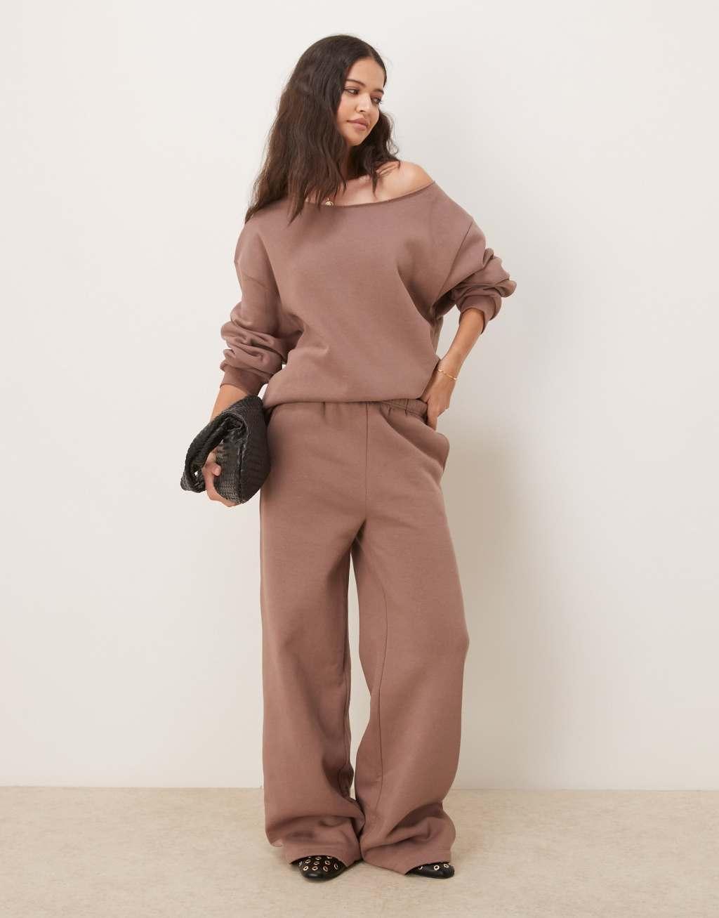 ASOS DESIGN off shoulder sweat in chocolate - part of a set Product Image