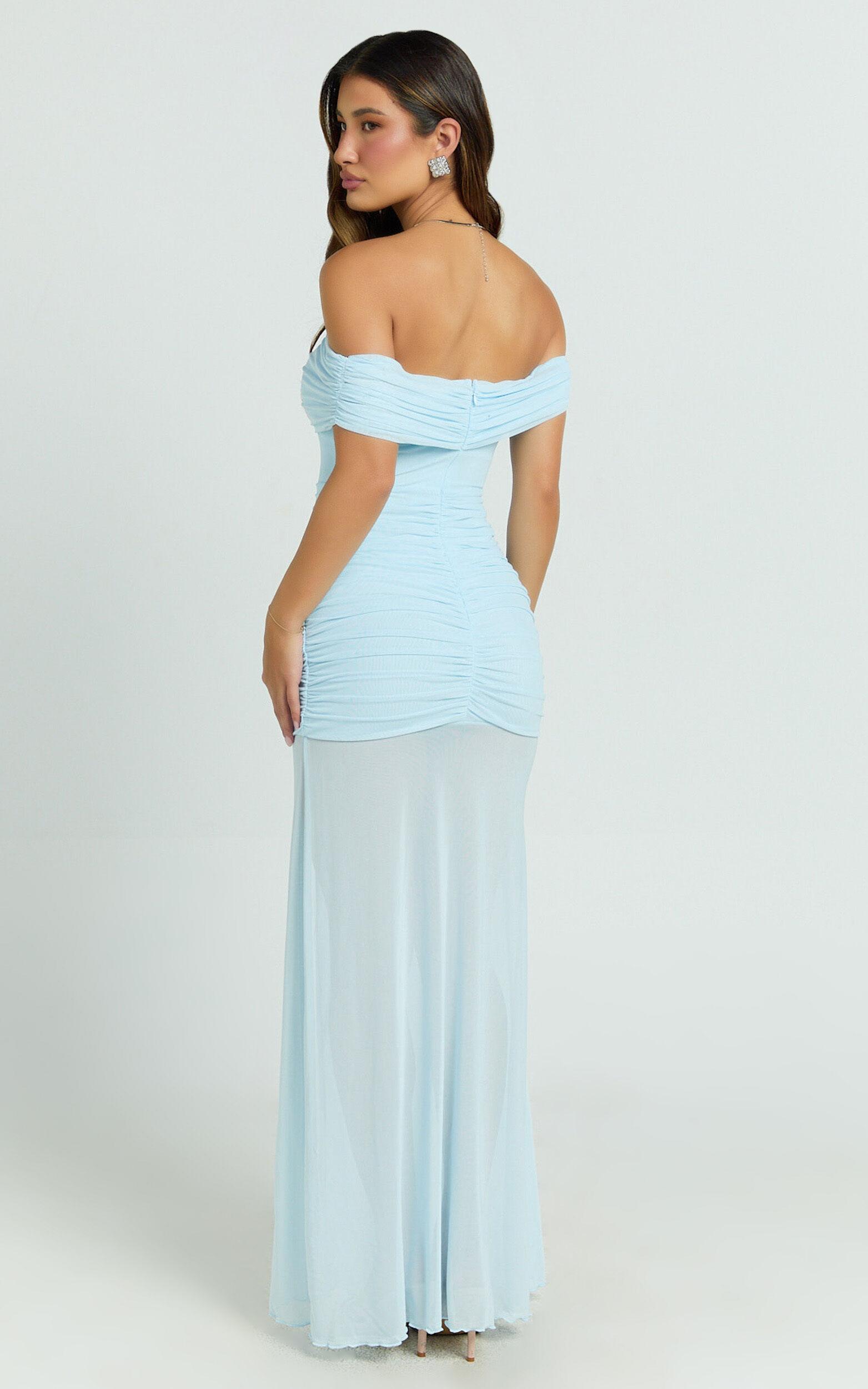 Leticia Maxi Dress - Mesh Off Shoulder Ruched High Split Dress in Blue Product Image