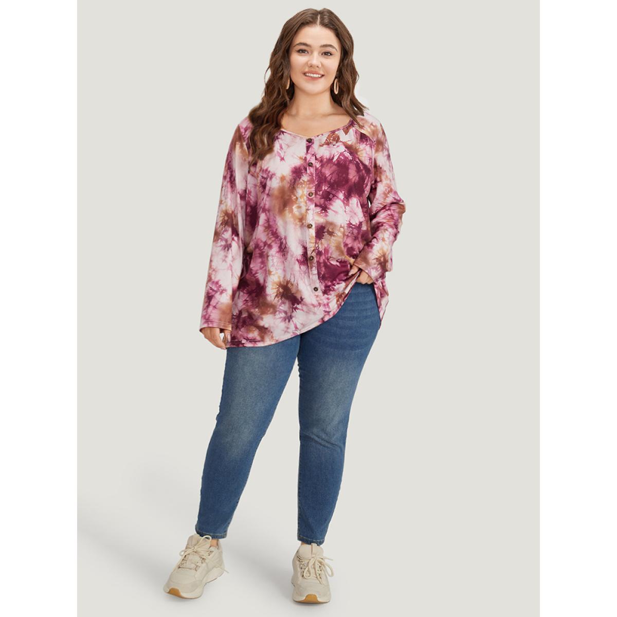 Plus Size Tie Dye Button Detail Round Neck T-shirt Multicolor Women Casual Tie Dye Tie Dye Round Neck Dailywear T-shirts BloomChic 26/4X Product Image