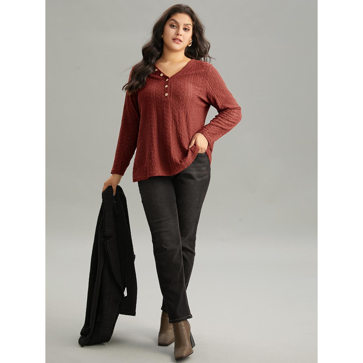 Plus Size Broderie Anglaise Button Detail Jacquard T-shirt Raspberry Women Elegant Texture Plain V-neck Dailywear T-shirts BloomChic 12/L Product Image