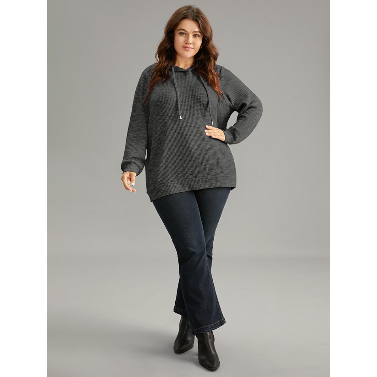 Plus Size Colour Waffle Knit Hooded Drawstring Sweatshirt Women DimGray Casual Waffle Knit Hooded Everyday Sweatshirts BloomChic 28/5X Product Image