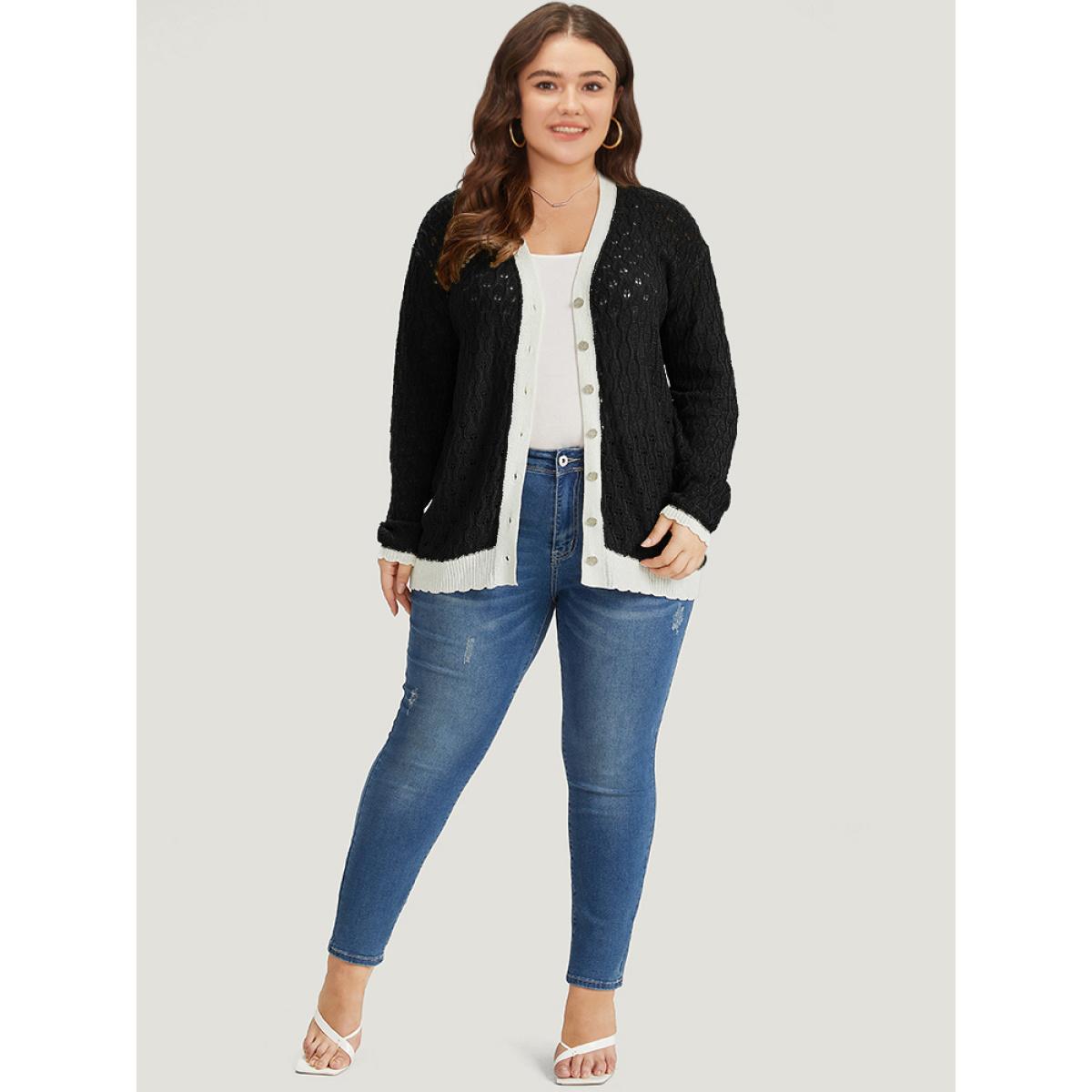 Plus Size Two Tone Patchwork Cut Out Button Down Cardigan Black Women Casual Loose Long Sleeve Work Cardigans BloomChic 14-16/1X Product Image