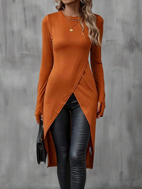 High-Low Long Sleeves Solid Color Split-Joint Round-Neck T-Shirts Tops Product Image