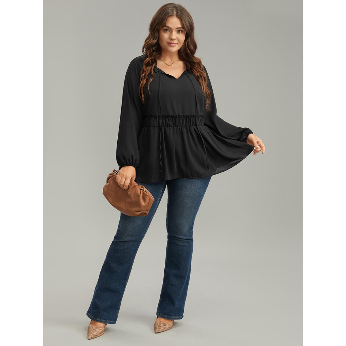 Plus Size Black Anti-Wrinkle Plain Shirred Frill Trim Gathered Tie Neck Blouse Women Casual Long Sleeve Tie Neck Everyday Blouses BloomChic 18-20/2X Product Image