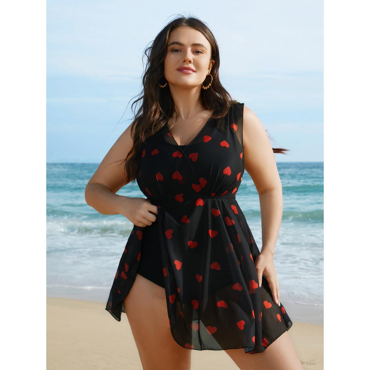 Plus Size Sheer Hearts Mesh Wrap Neck Swim Dress Women's Swimwear Black Beach Bodycon Overlap Collar High stretch Curve Swim Dresses BloomChic 26/4X Product Image