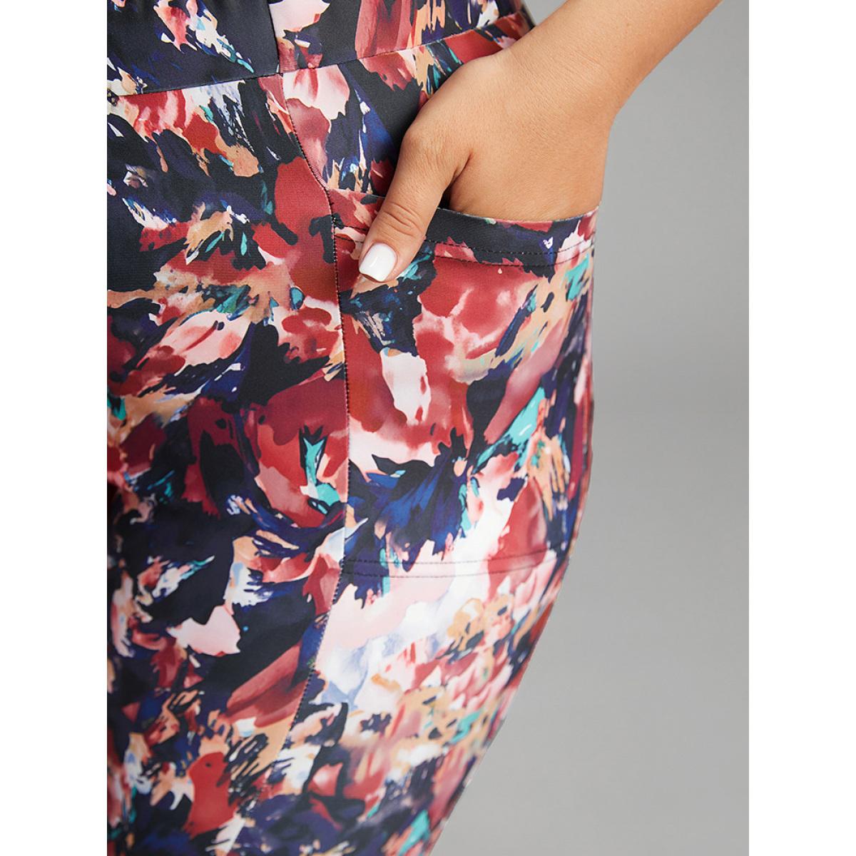 Plus Size Pixel Flower Pocket Elastic Waist High Rise Leggings Women Multicolor Casual High stretch Skinny High Rise Everyday Leggings BloomChic 28/5X Product Image