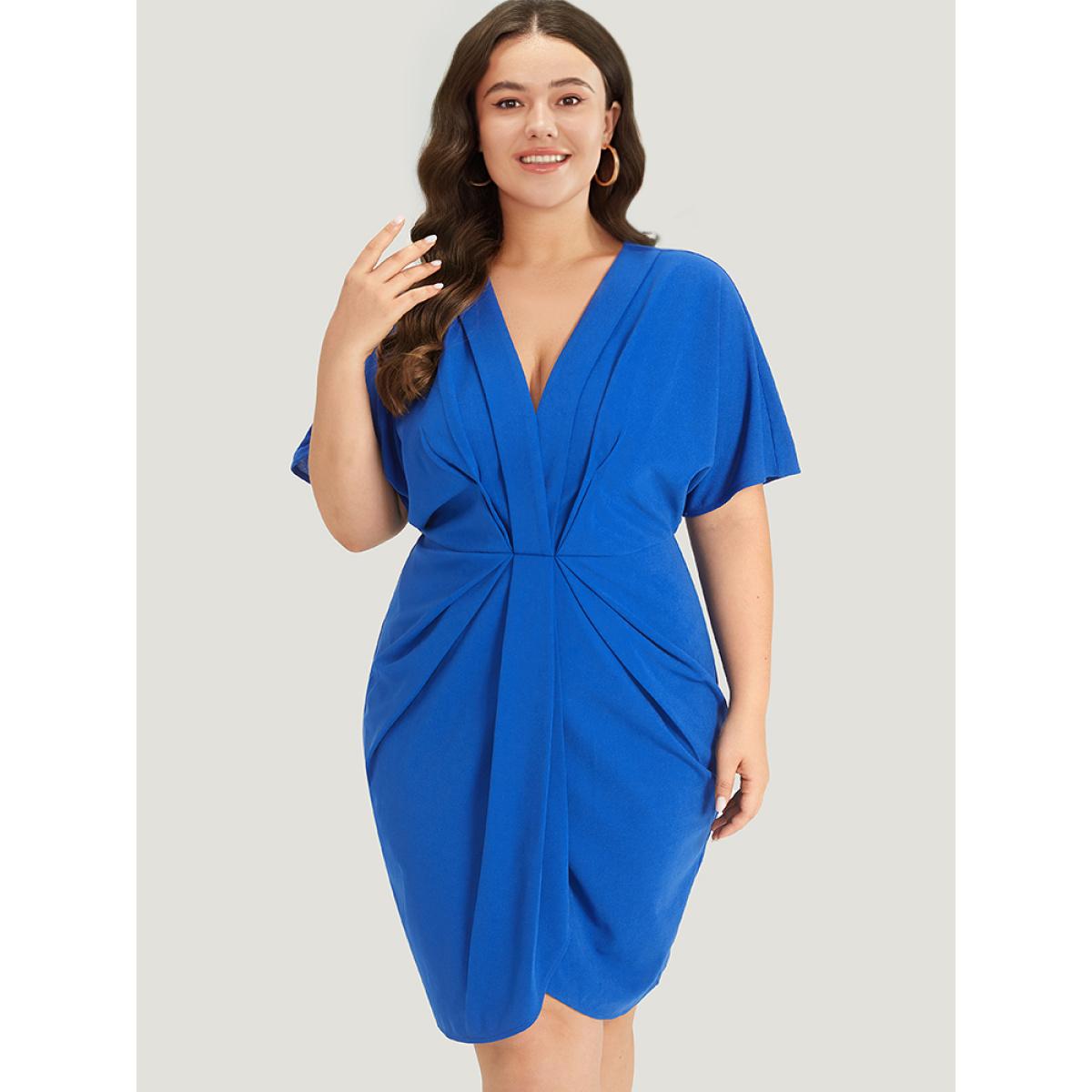 Plus Size Plain Shawl Neck Pleated Batwing Sleeve Dress Blue Women Glamour Plain V-neck Short sleeve Curvy Knee Dress BloomChic 12/L Product Image