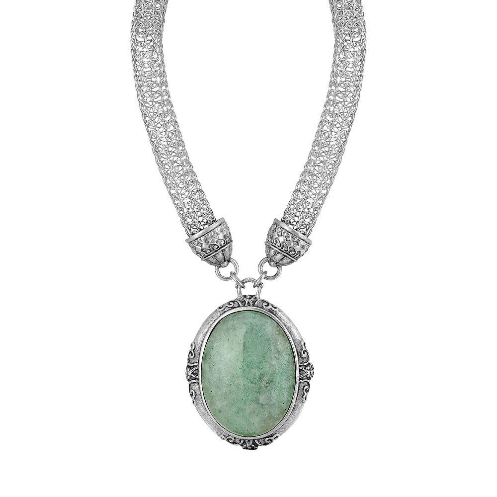 1928 Siver Tone Oval Green Pendant Necklace with Mesh Chain, Womens Product Image