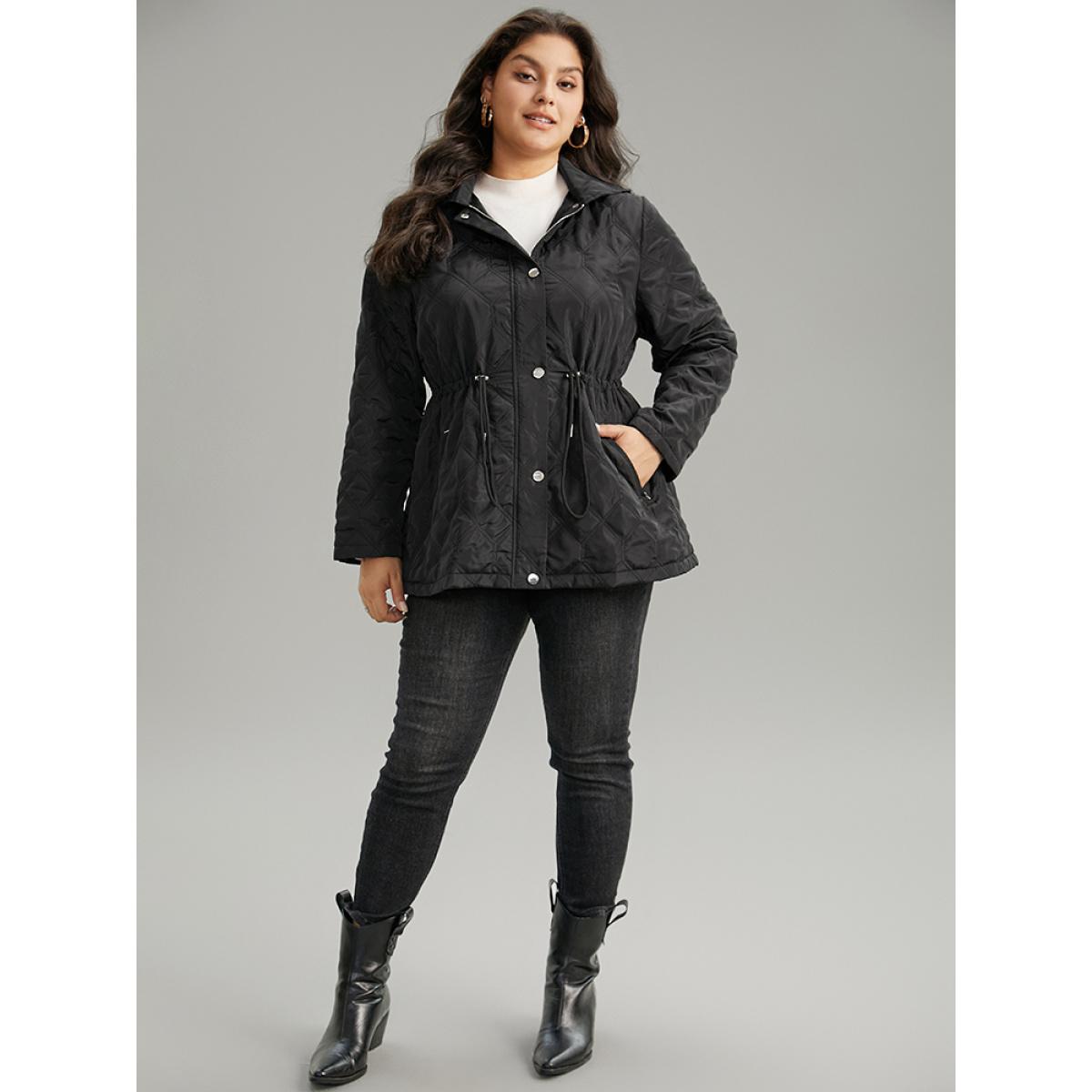 Plus Size Plain Button Up Drawstring Hooded Coat Women Black Casual Plain Ladies Dailywear Winter Coats BloomChic 28/5X Product Image