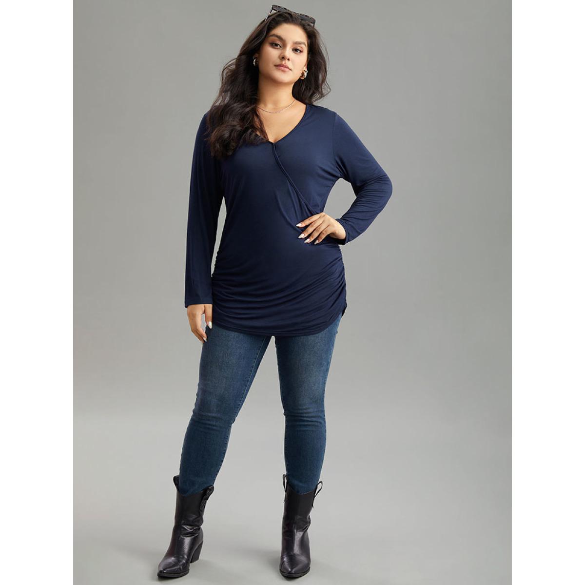 Plus Size Supersoft Essentials Plain Wrap Gathered T-shirt Indigo Women Elegant Gathered Plain V-neck Dailywear T-shirts BloomChic 26/4X Product Image