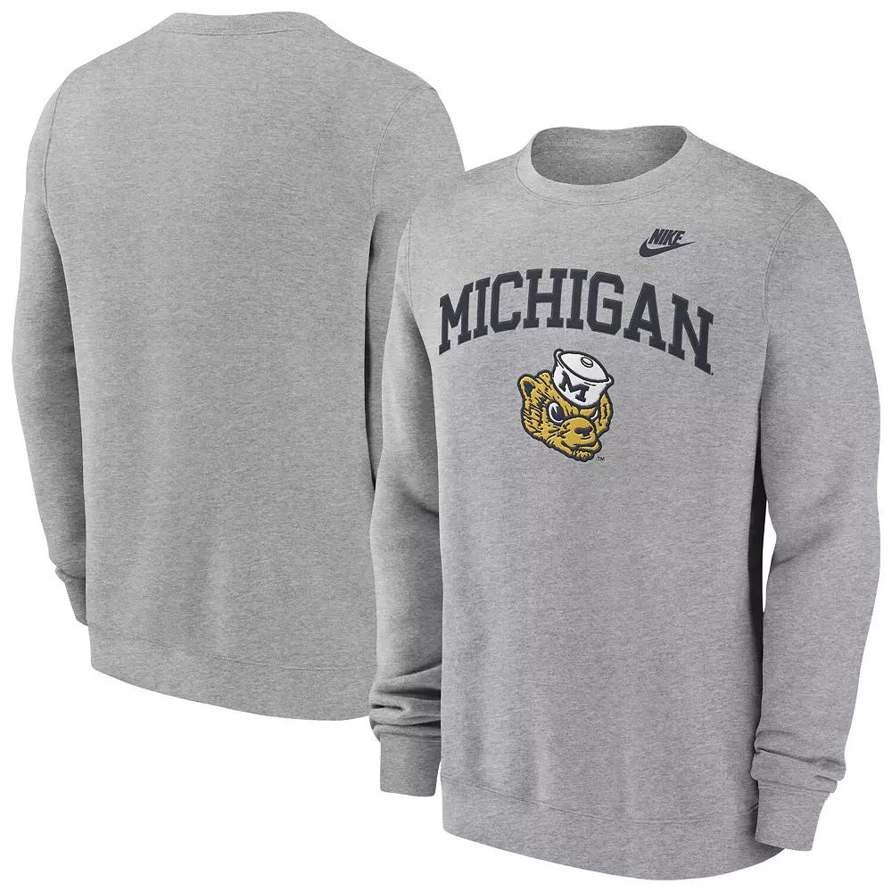 Men's Nike Heather Gray Michigan Wolverines Legacy Classic Tackle Twill Embroidered Arch Over Logo Pullover Sweatshirt,  Product Image