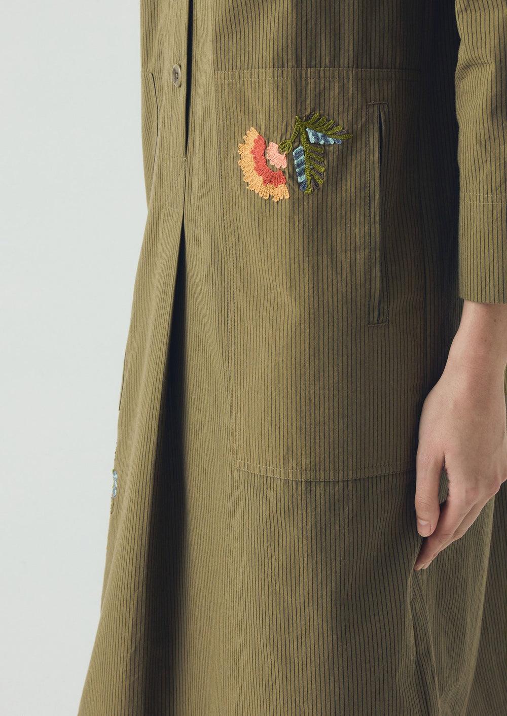 Embroidered Mini Stripe Cotton Shirt Dress | Olive Product Image
