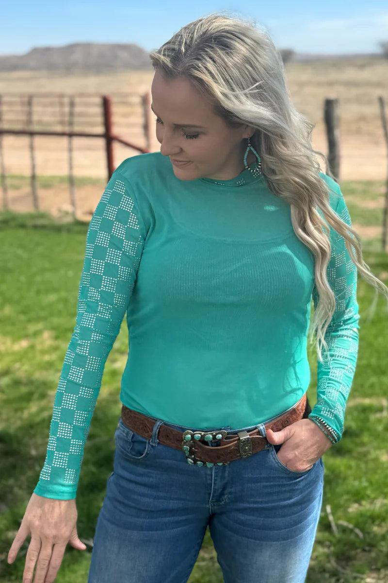Sterling Kreek Checked In Turquoise Mesh Top Product Image