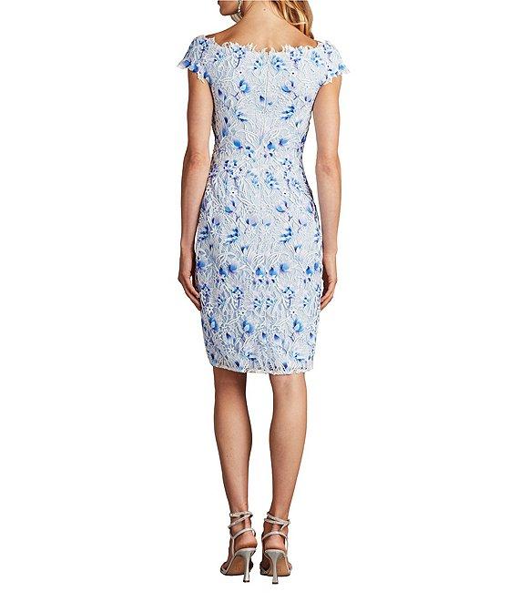 Tadashi Shoji V-Neck Cap Sleeve 3D Floral Embroidered Lace Sheath Dress Product Image