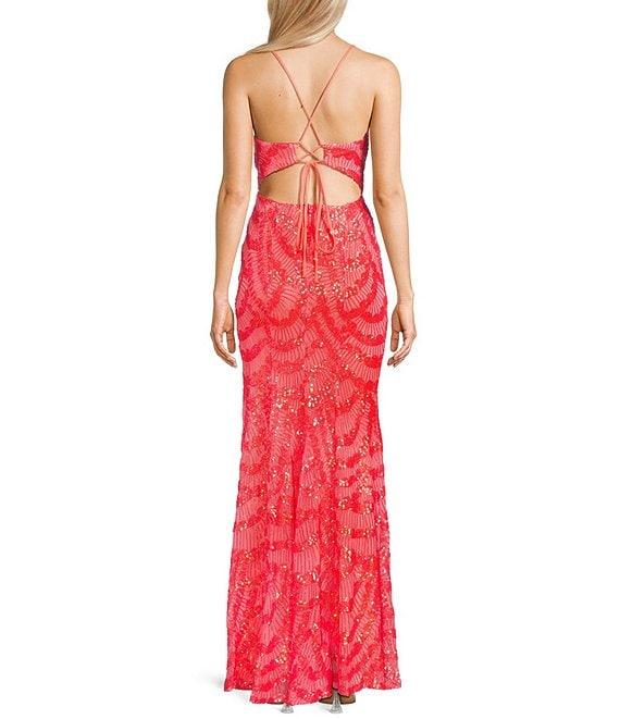 City Vibe Lace/Sequin Plunge Neck Spaghetti Strap Corset Waist Fit & Flare Dress Product Image