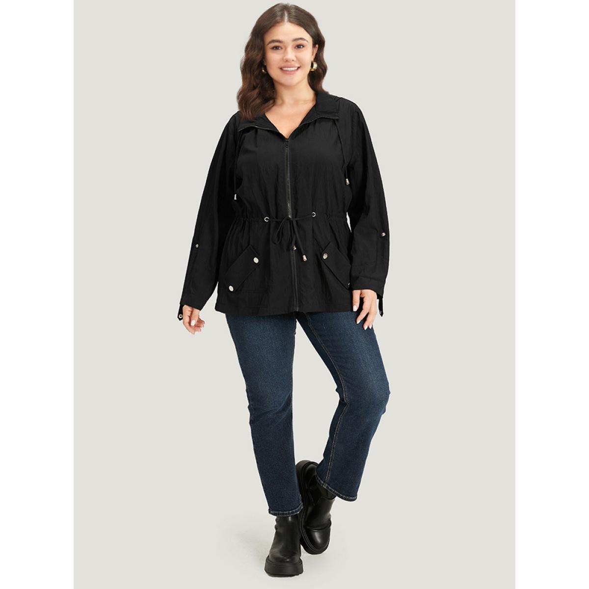 Plus Size Plain Hooded Zipper Drawstring Tab Sleeve Coat Women Black Plain Pocket Everyday Jackets BloomChic 18-20/2X Product Image