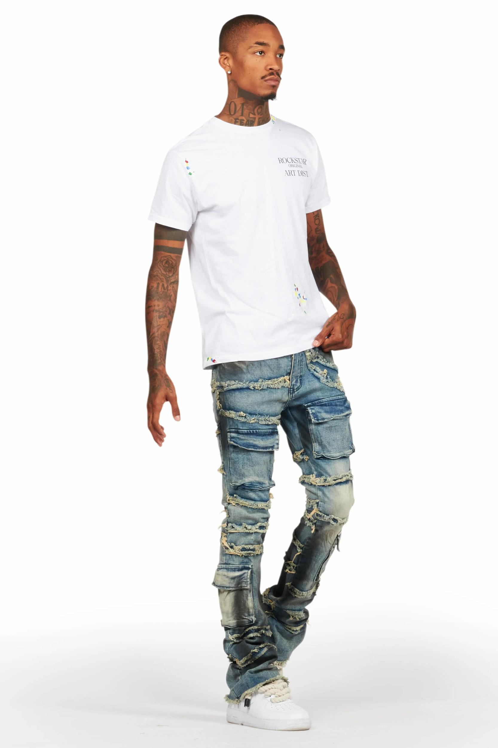 Yves Blue Stacked Flare Cargo Jean Male Product Image