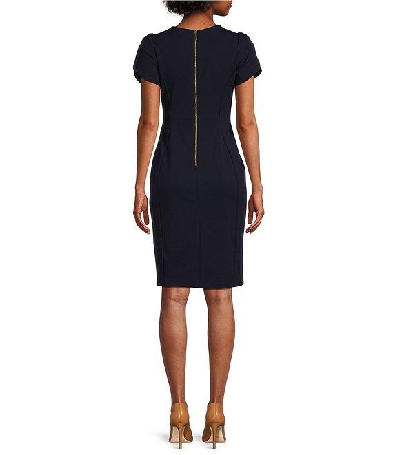 Calvin Klein Crew Neck Short Tulip Sleeve Solid Sheath Stretch Dress Product Image