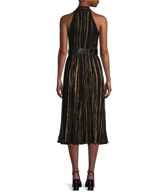 Donna Karan Halter V-Neck Sleeveless Belted Metallic Crinkle Chiffon Fit and Flare Midi Dress Product Image