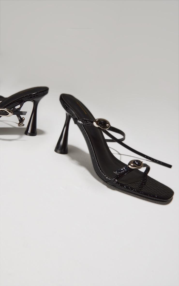 Black Croc PU Round Toe Silver Buckle Cross Strap Detail High Heeled Sandals Product Image