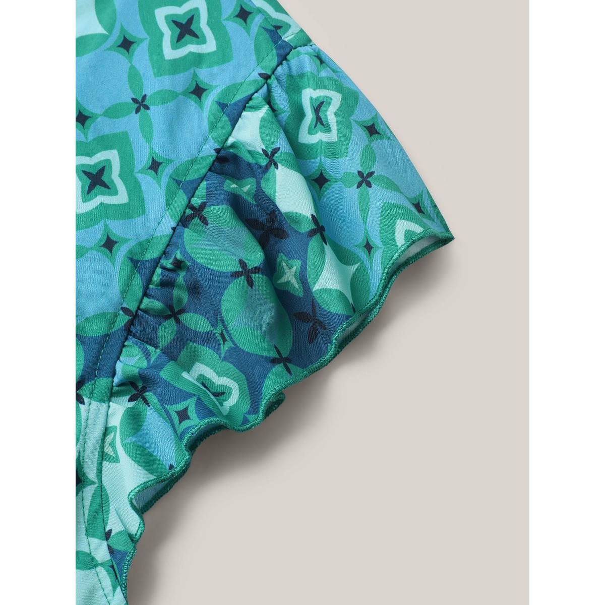 Plus Size Boho Vacation Print Belted Notched Midi Dress Emerald Women Ruffles Notched collar Cap Sleeve Curvy BloomChic 22-24/3X Product Image