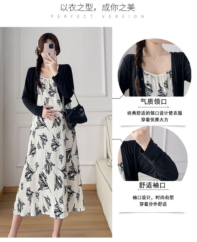 Maternity Spaghetti Strap Floral Midi A-Line Dress / Crop Cardigan / Set Product Image