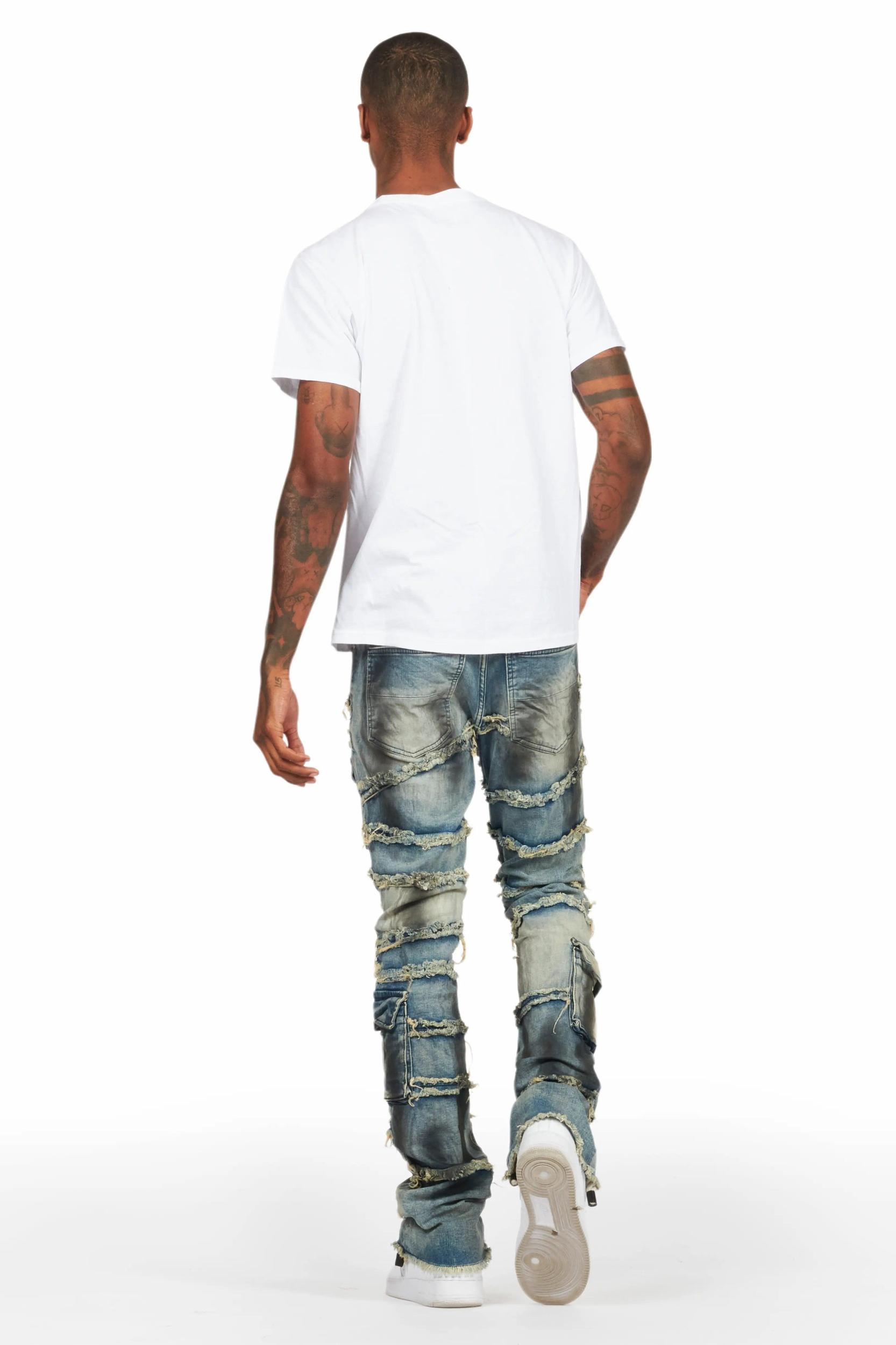 Yves Blue Stacked Flare Cargo Jean Male Product Image
