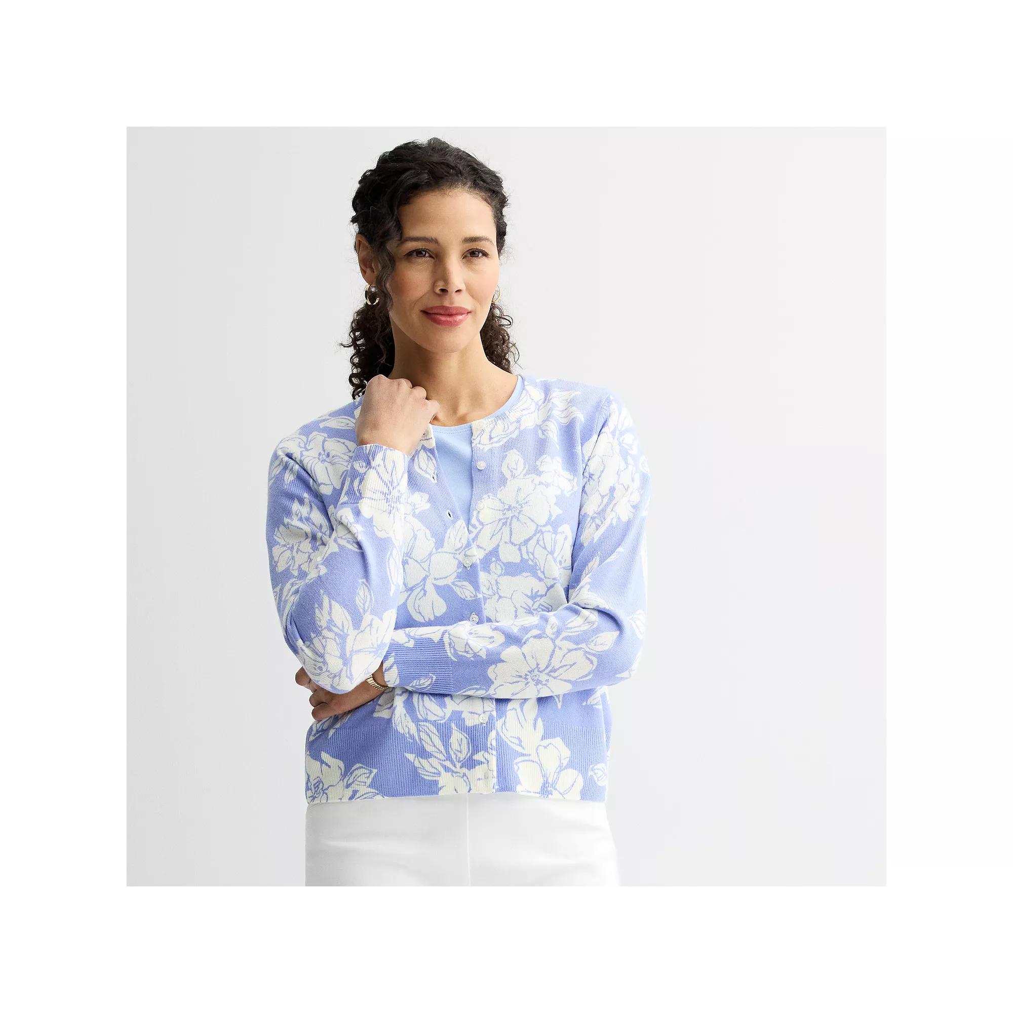 Petite Croft & Barrow® Printed Classic Cardigan, Women's, Size: XXL Petite, Blue Line Floral Product Image