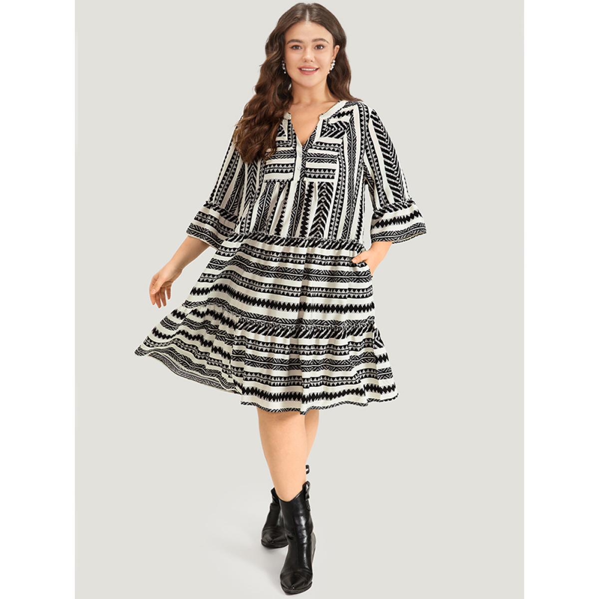 Plus Size Bandana Striped Pocket Button Detail Notched Patchwork Dress White Women Vacation Printed V-neck Elbow-length sleeve Curvy Midi Dress BloomChic 28/5X Product Image