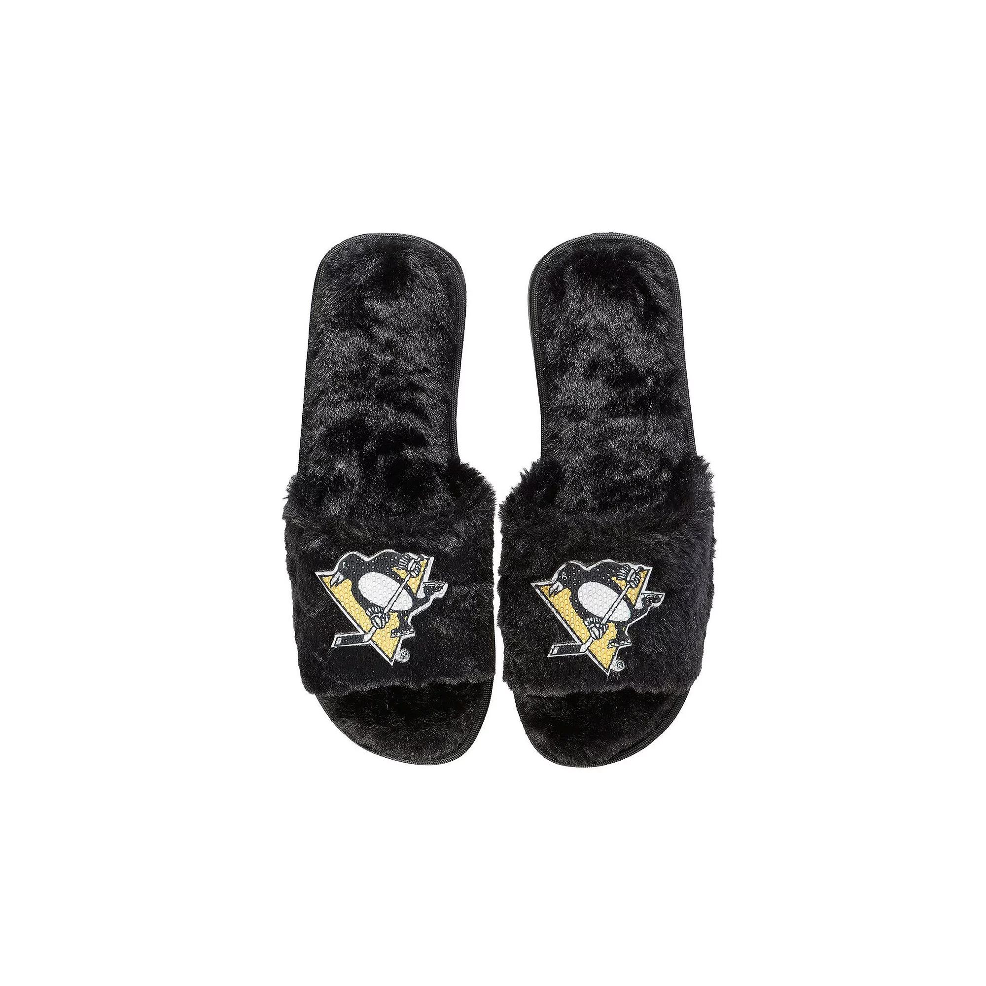 Women's FOCO Black Pittsburgh Penguins Rhinestone Fuzzy Slippers,  Product Image