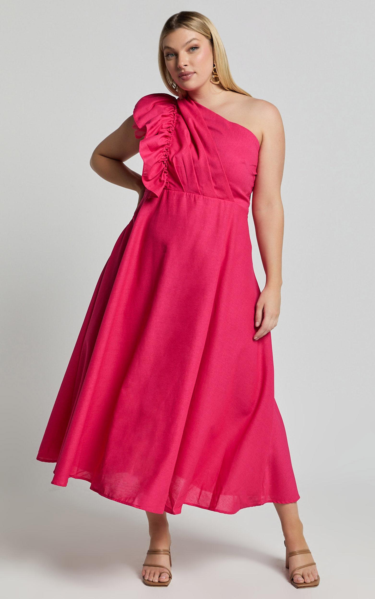 Dixie Midi Dress - Linen Look One Shoulder Ruffle Dress in Raspberry Product Image