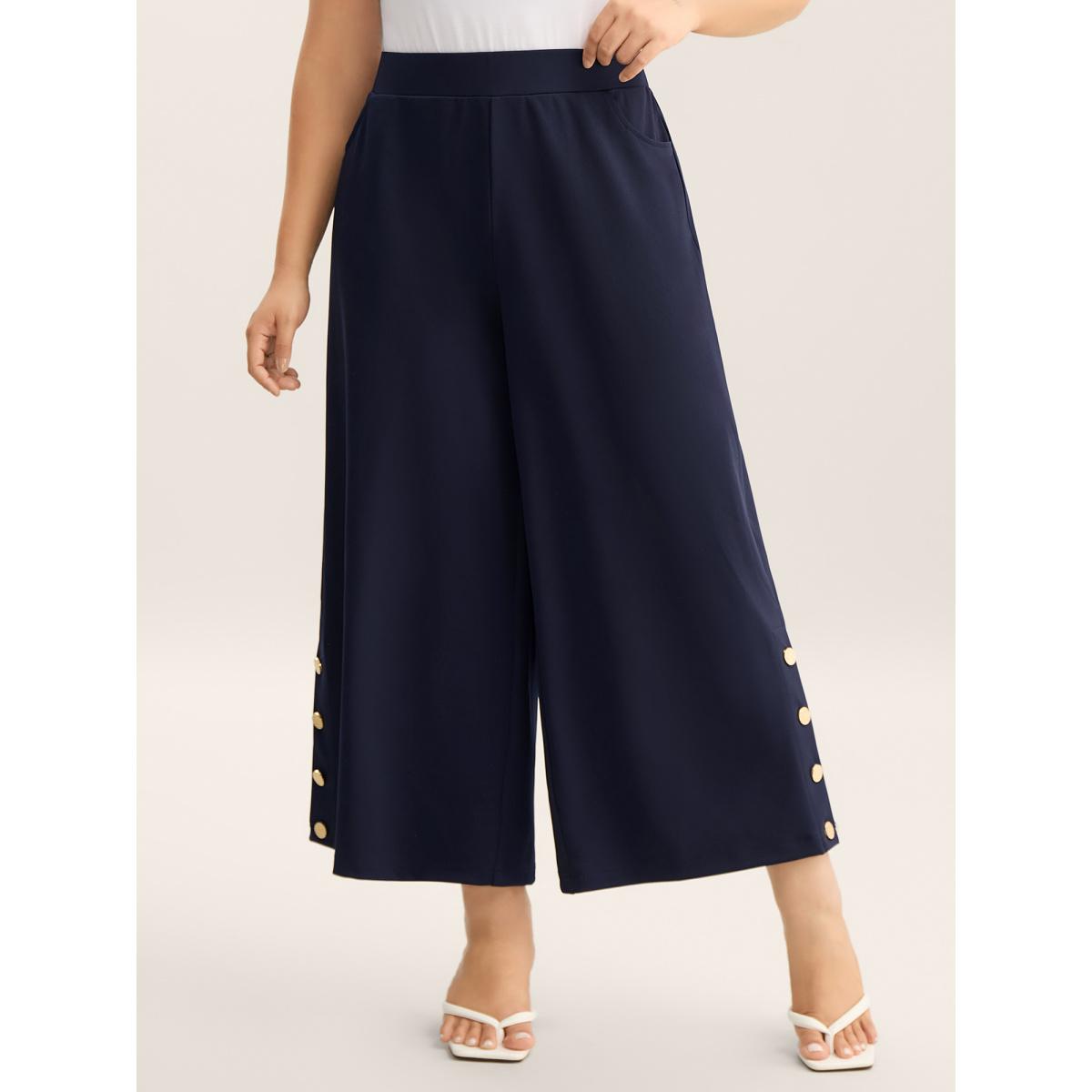 Plus Size Button Detail Wide-Leg Pull-On Pants Women Indigo Elegant Wide Leg Mid Rise Everyday-Elegant Pants BloomChic 14-16/1X Product Image