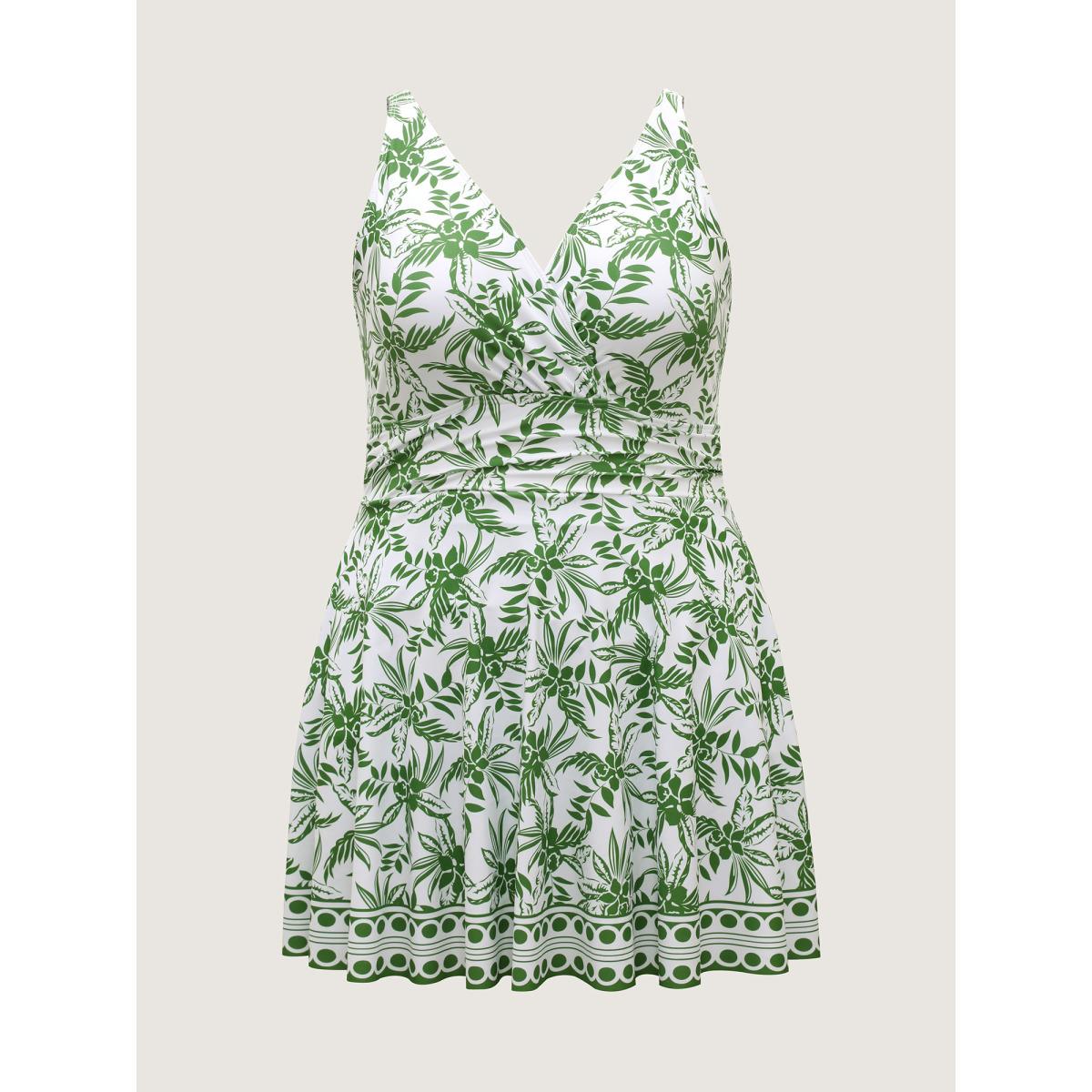 Plus Size Anti-Float Tie Floral Print Swim Dress Women's Swimwear Truegreen Beach Bodycon Overlap Collar High stretch Curve Swim Dresses BloomChic 26/4X Product Image
