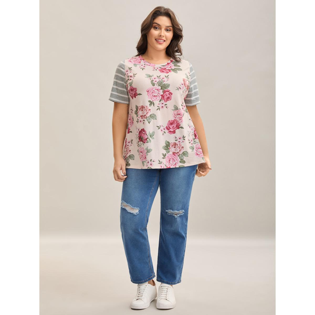 Plus Size Floral Striped Stretchy Crew Neck T-Shirt Multicolor Women Leisure Contrast Natural Flowers Round Neck Casual T-shirts BloomChic 22-24/3X Product Image