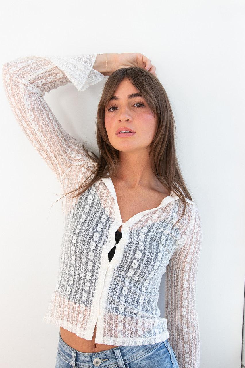 Long Sleeve Lace Button Up Shirt Product Image