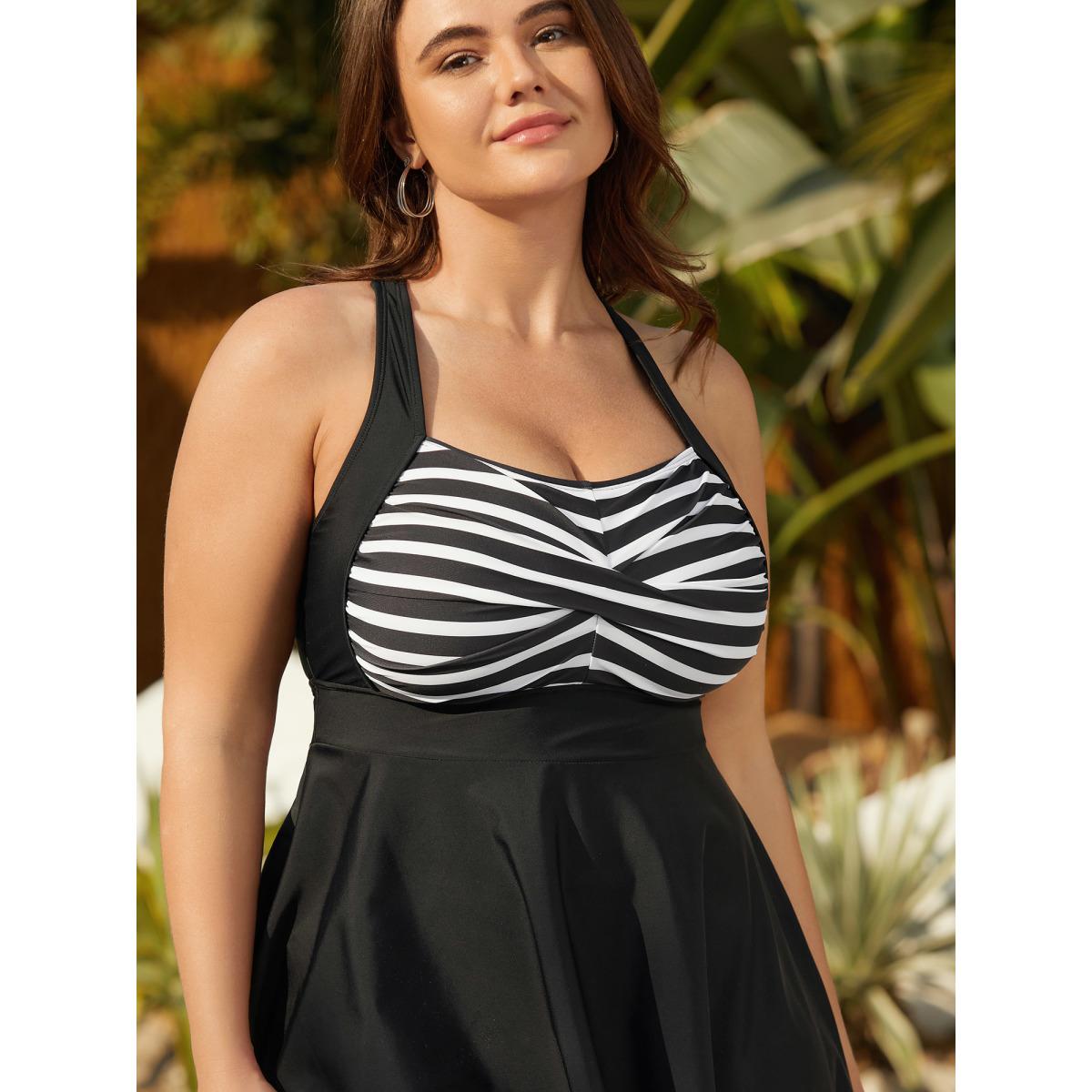 Plus Size Striped Twist Front Patchwork Swim Dress Women's Swimwear Black Beach Bodycon Heart neckline High stretch Curve Swim Dresses BloomChic 18-20/2X Product Image