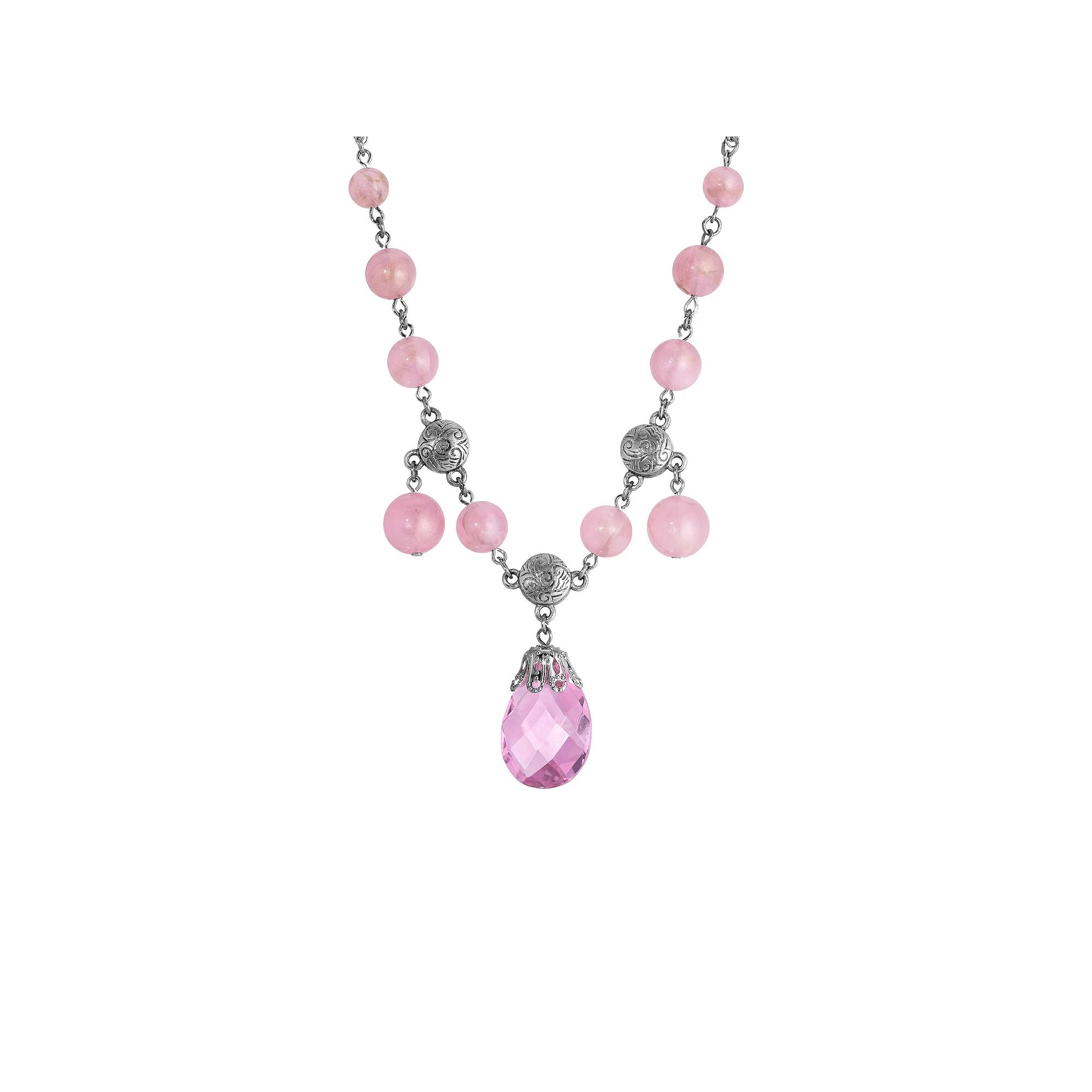 1928 Silver-Tone Pink Briolette Round Crystal Bead Adjustable Necklace, Women's Product Image