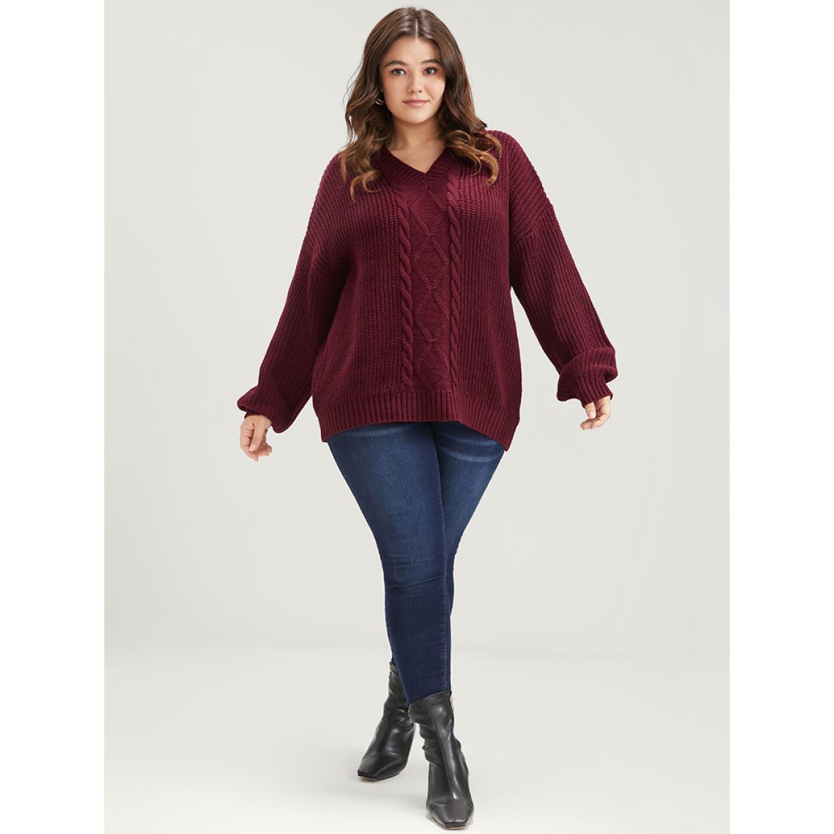 Plus Size Solid Pointelle Knit V Neck Loose Geometric Cable Knit Top Rust Women Elegant Loose Long Sleeve Dailywear Pullovers BloomChic 10/M Product Image