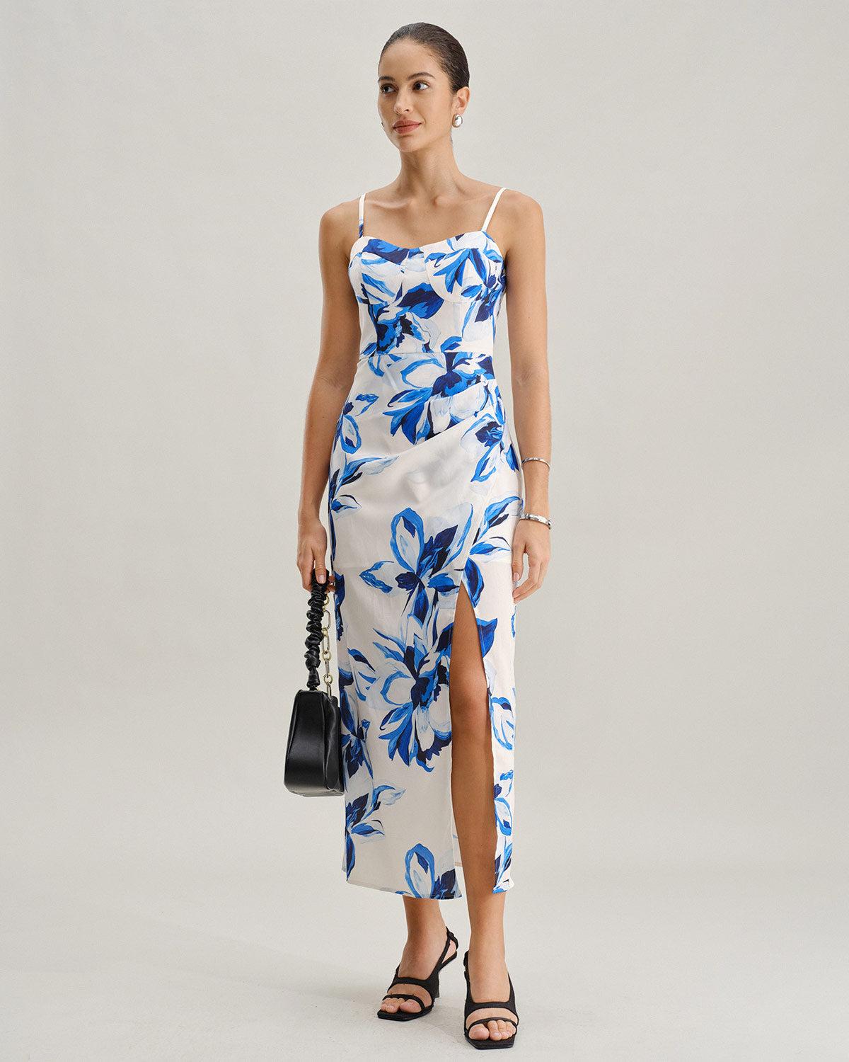 Blue Floral Bohemian Slip Maxi Dress Product Image