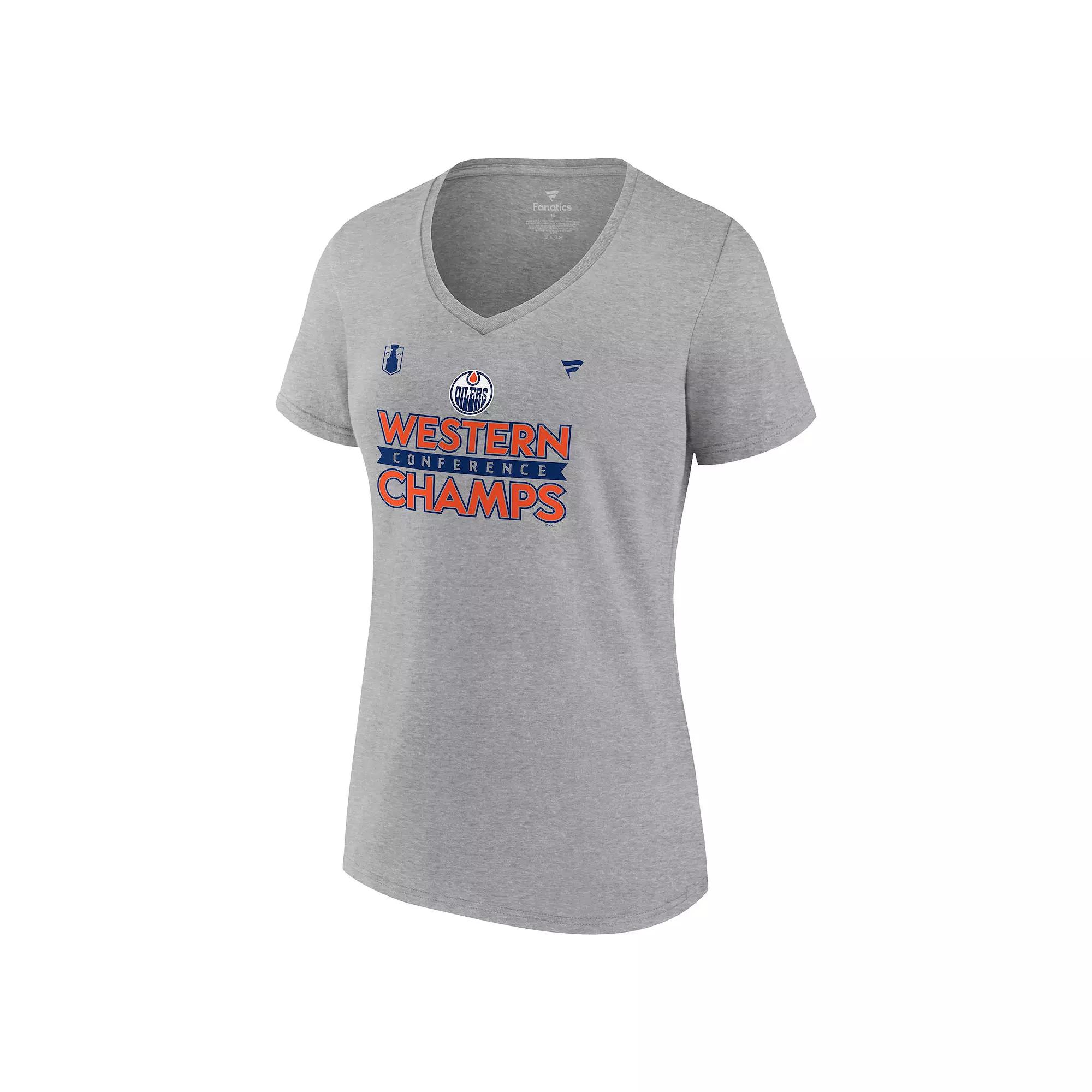 Women's Fanatics NHL Edmonton Oilers 2024 Conference Finals Locker Room V-Neck Tee, Size: Medium, Oil Gray Product Image
