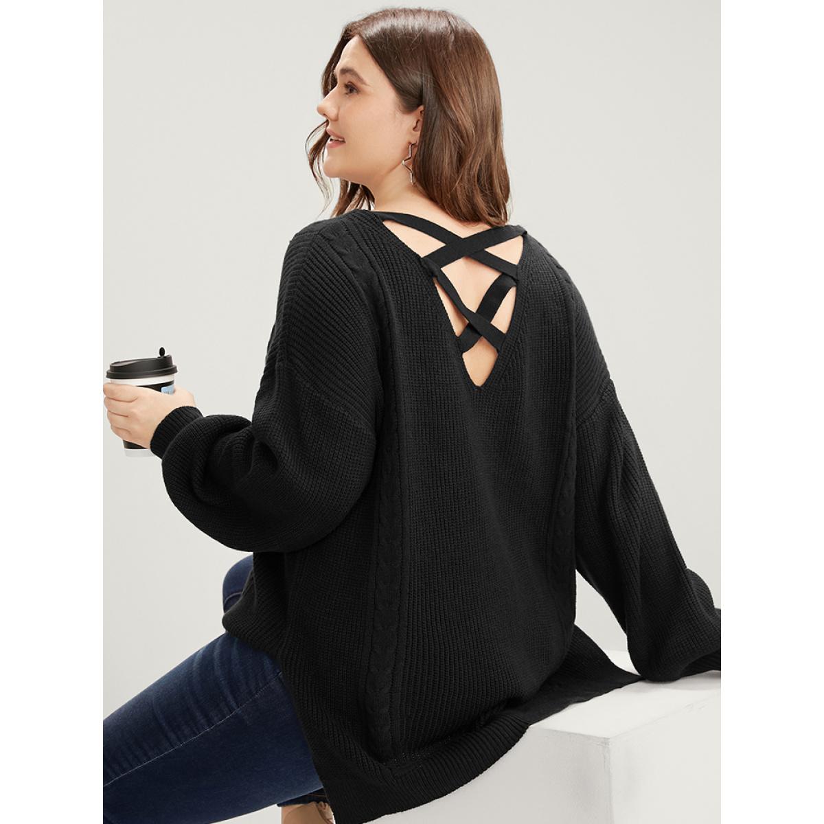 Plus Size Solid Pointelle Knit Lantern Sleeve Cut Out Split Knit Top Black Women Casual Loose Long Sleeve V-neck Dailywear Pullovers BloomChic 12/L Product Image