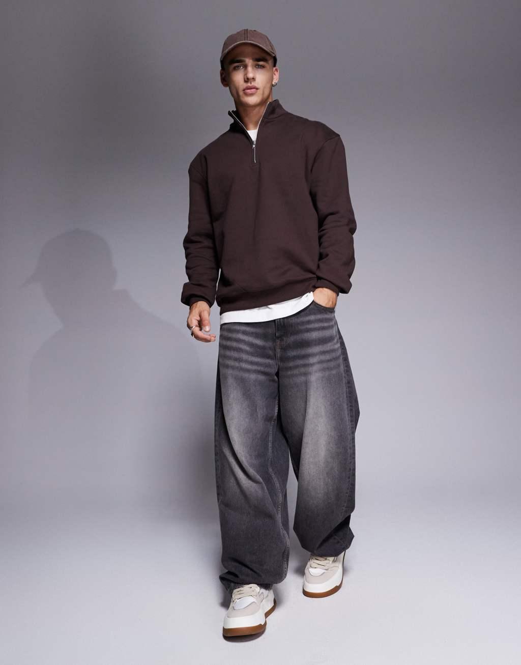 ASOS DESIGN premium heavyweight oversized quarter zip sweatshirt in dark brown Product Image