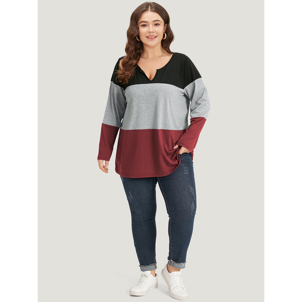 Plus Size Colorblock Contrast Notched Long Sleeve T-shirt Red Women Casual Contrast Plain Notched collar Dailywear T-shirts BloomChic 26/4X Product Image