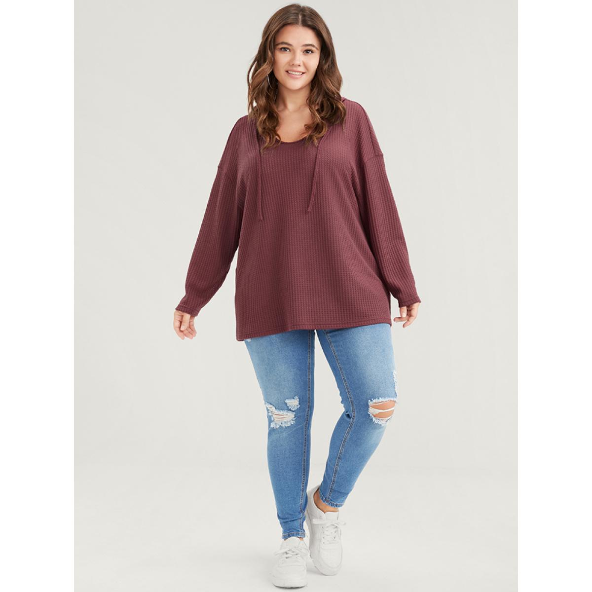 Plus Size Plain Ties Waffle Knit Hooded Sweatshirt Women Scarlet Casual Plain Hooded Dailywear Sweatshirts BloomChic 26/4X Product Image